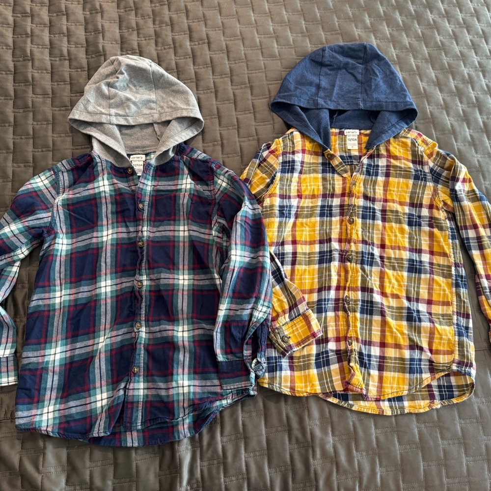 Carter's Plaid Button Down Shirts with Hoods - Blue, Yellow, and Gray